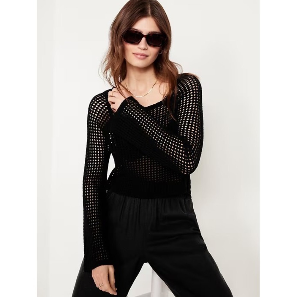 Old Navy Open-Stitch Cropped Boucle Sweater Medium Black Boho Y2K Grunge NWT